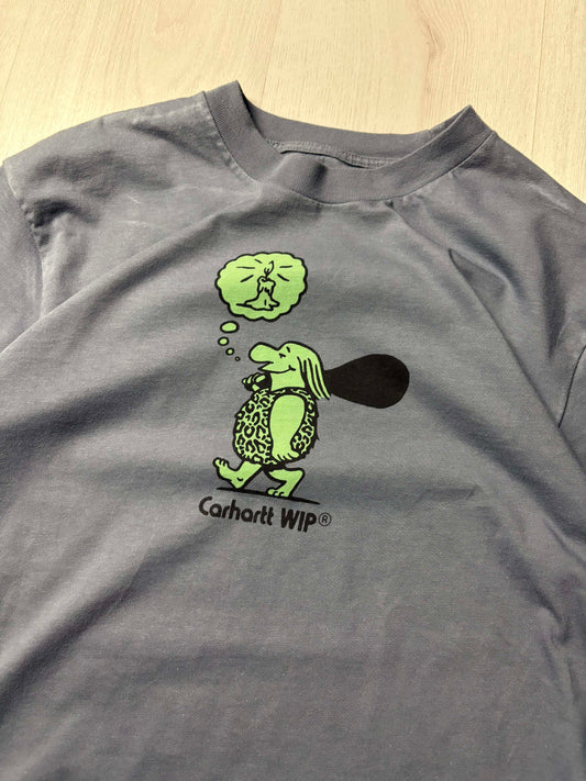 Donkerblauw/grijs Carhartt T-shirt in maat Medium, minimalistische voorkant, verkrijgbaar bij Redressed.