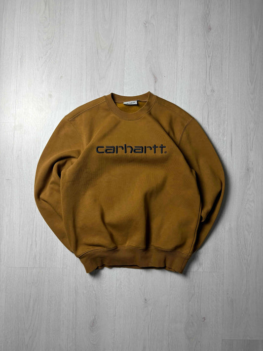 Bruine Carhartt sweater in maat Small, robuuste workwear stijl, verkrijgbaar bij Redressed.