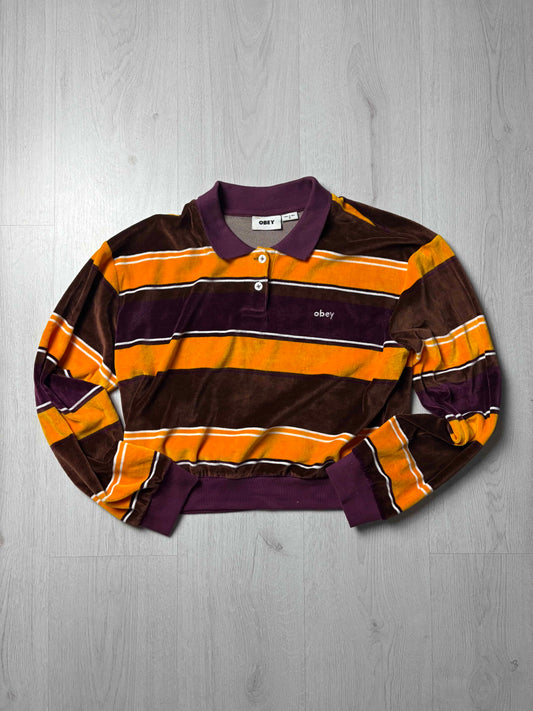 Oranje/bruine Obey cropped sweater in maat Medium, moderne streetwear voorkant, verkrijgbaar bij Redressed.


